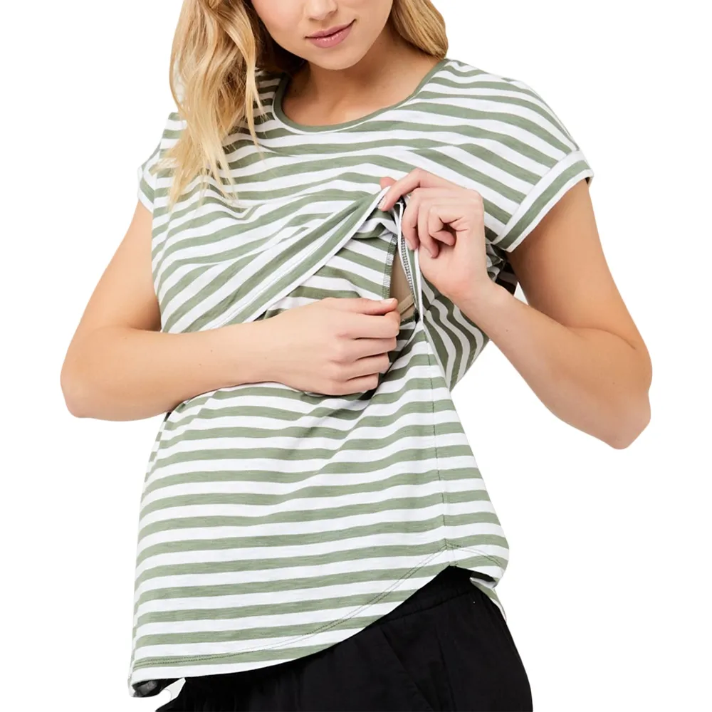 Summer Pregnant Women Casual Stripe Printed Short-Sleeved Breastfeeding T-Shirt