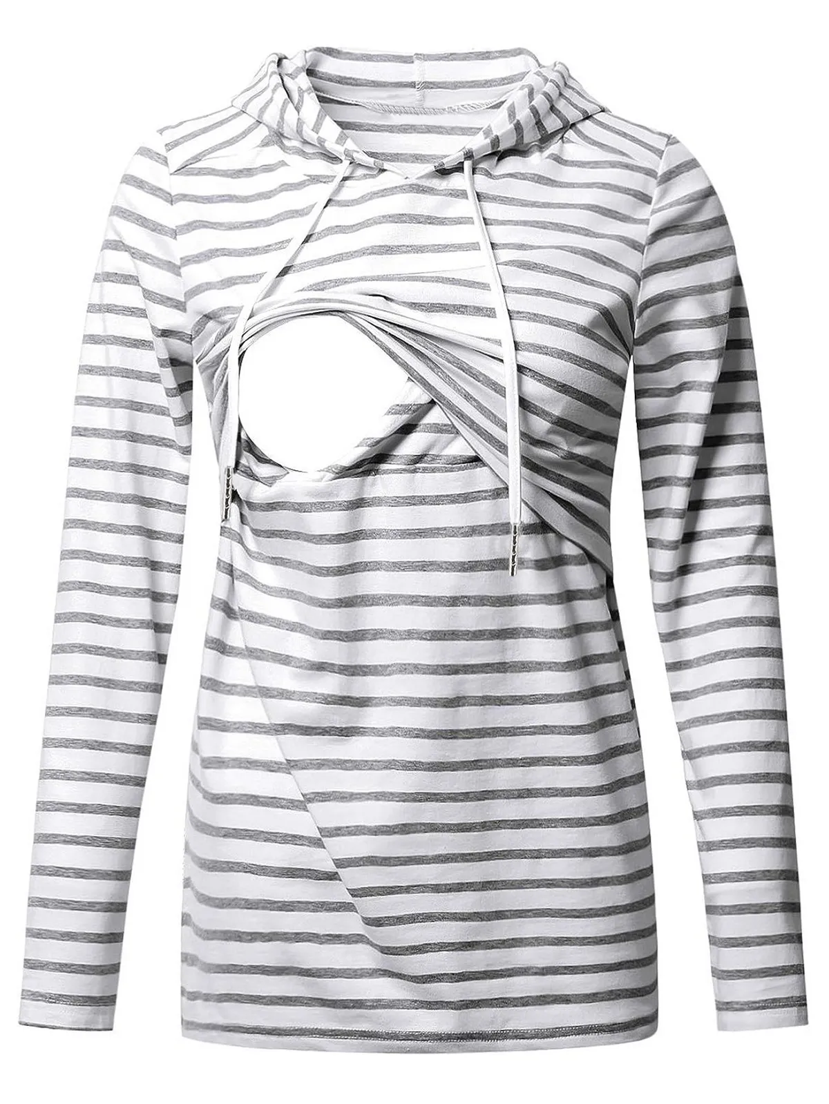 Maternity Hooded Breastfeeding Top Casual Stripe Printed Long Sleeve