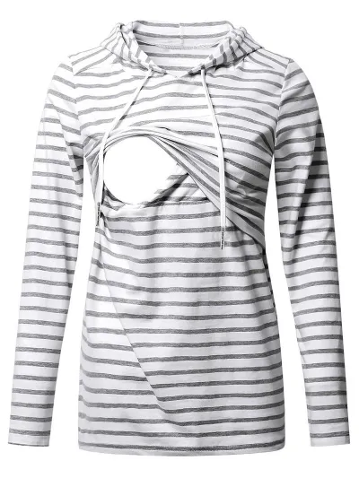 Maternity Hooded Breastfeeding Top Casual Stripe Printed Long Sleeve