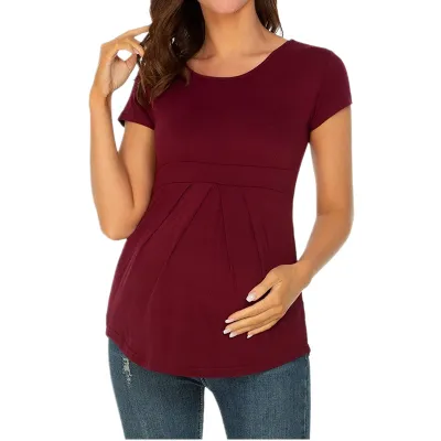 Maternity Casual Slim Pullover Top - Solid Color, Round Neck, Short Sleeve