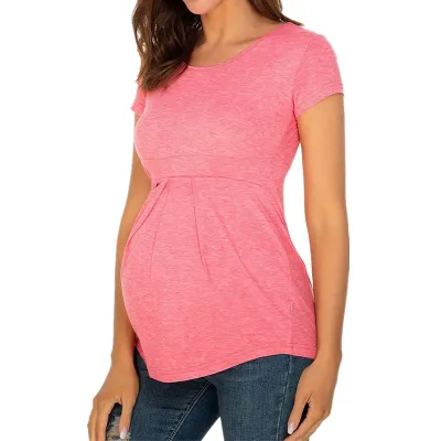 Maternity Casual Slim Pullover Top - Solid Color, Round Neck, Short Sleeve