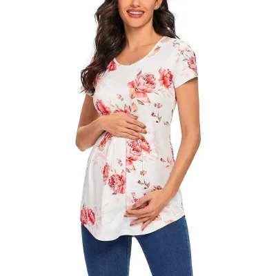 Maternity Casual Slim Pullover Top - Solid Color, Round Neck, Short Sleeve
