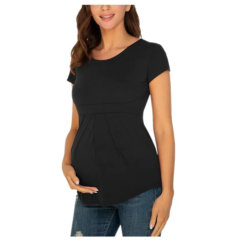 Maternity Casual Slim Pullover Top - Solid Color, Round Neck, Short Sleeve