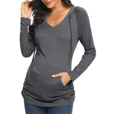 Maternity Hooded Pullover Top - Casual Solid Color V-Neck Long Sleeve