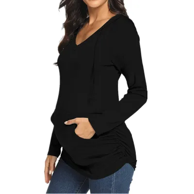Maternity Hooded Pullover Top - Casual Solid Color V-Neck Long Sleeve