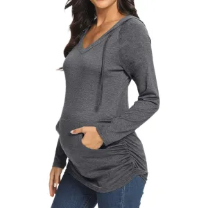 Maternity Hooded Pullover Top - Casual Solid Color V-Neck Long Sleeve