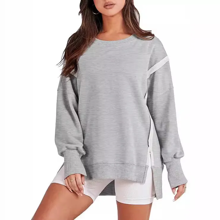 Women Casual Solid Color Crewneck Long Sleeve Pullover Sweatshirt