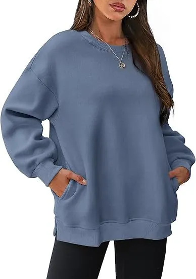 Women Casual Solid Color Round Neck Long Sleeve Cotton Blend Pullover Sweatshirt