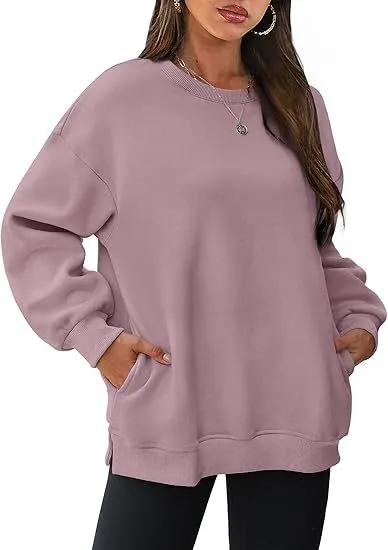 Women Casual Solid Color Round Neck Long Sleeve Cotton Blend Pullover Sweatshirt
