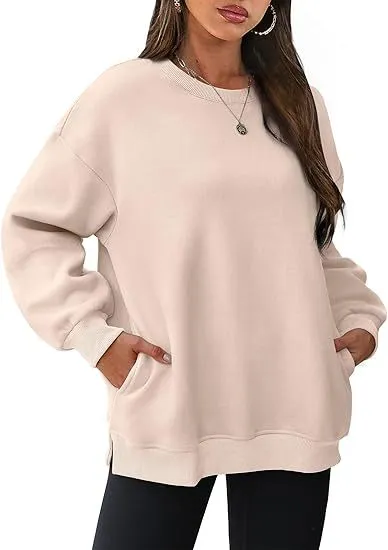 Women Casual Solid Color Round Neck Long Sleeve Cotton Blend Pullover Sweatshirt