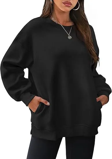 Women Casual Solid Color Round Neck Long Sleeve Cotton Blend Pullover Sweatshirt