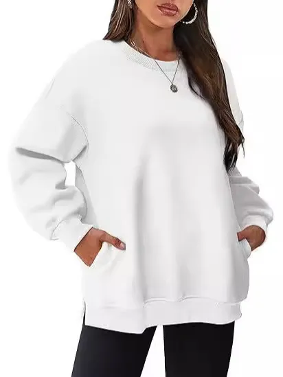Women Casual Solid Color Round Neck Long Sleeve Cotton Blend Pullover Sweatshirt