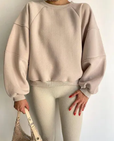 Autumn Winter Women Fashion Solid Color Loose Round Neck Long Sleeve Pullover Sweatshirt