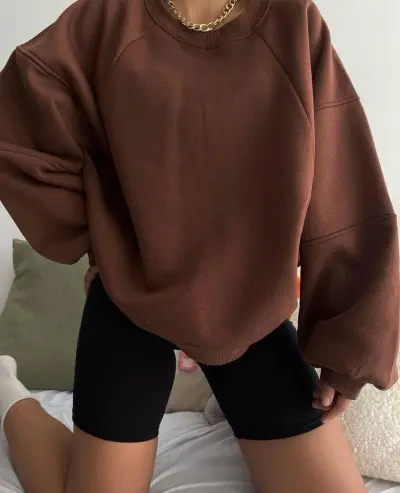 Autumn Winter Women Fashion Solid Color Loose Round Neck Long Sleeve Pullover Sweatshirt