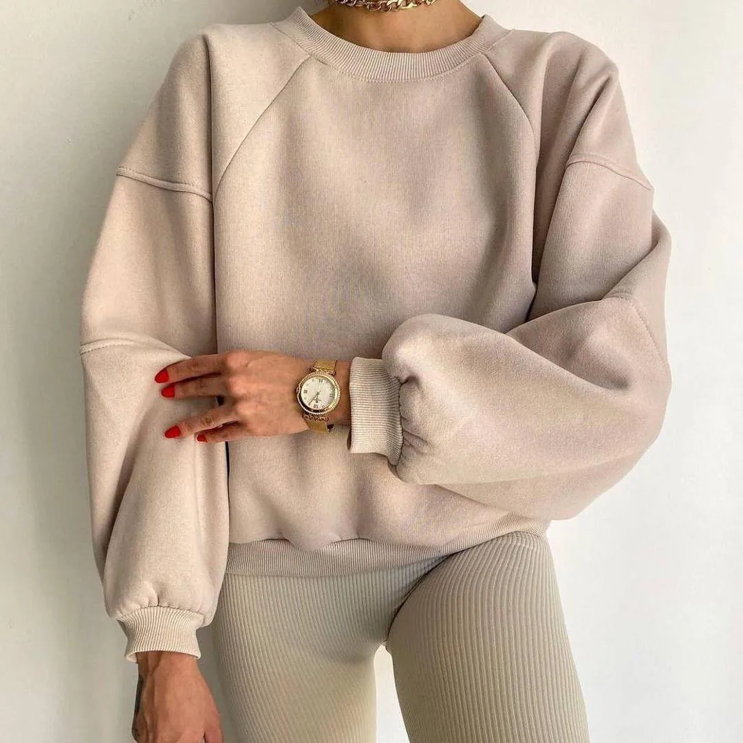 Autumn Winter Women Fashion Solid Color Loose Round Neck Long Sleeve Pullover Sweatshirt