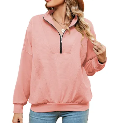 Autumn Winter Women Casual Solid Color Zipper Stand Collar Long Sleeve Pullover Sweatshirt