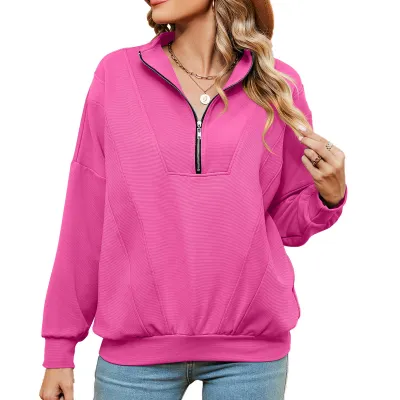 Autumn Winter Women Casual Solid Color Zipper Stand Collar Long Sleeve Pullover Sweatshirt