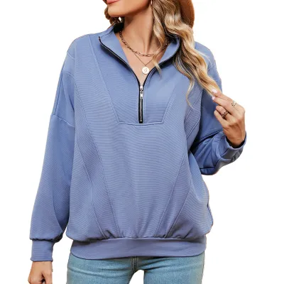 Autumn Winter Women Casual Solid Color Zipper Stand Collar Long Sleeve Pullover Sweatshirt