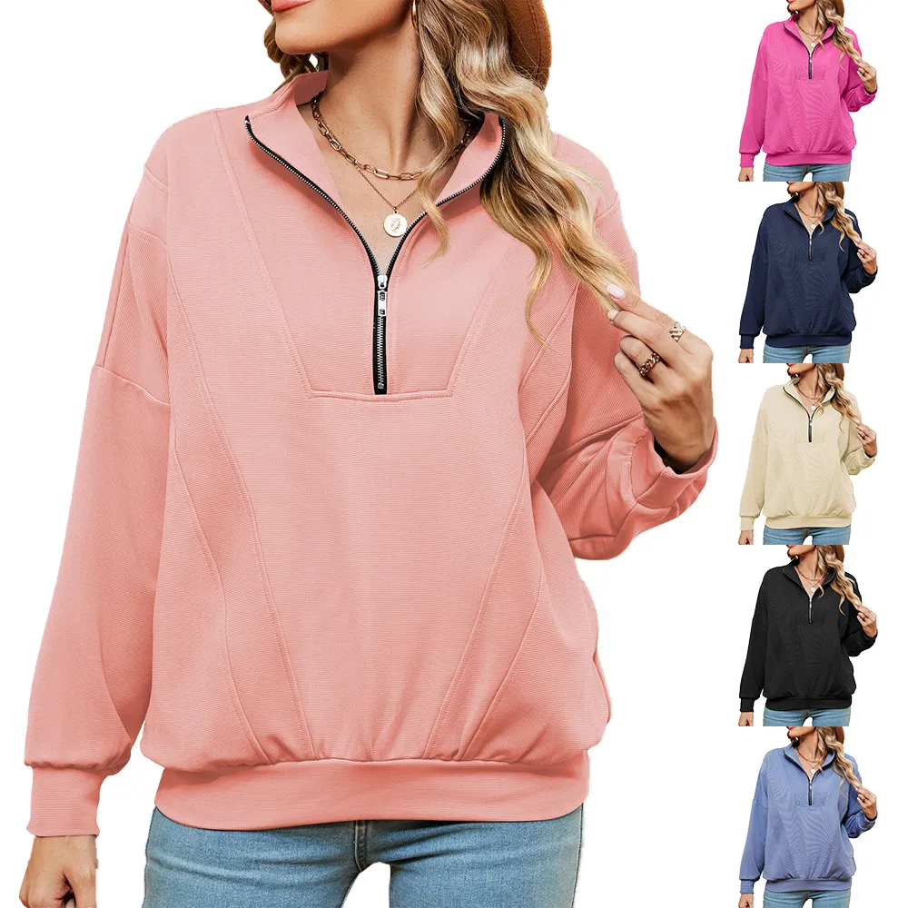 Autumn Winter Women Casual Solid Color Zipper Stand Collar Long Sleeve Pullover Sweatshirt