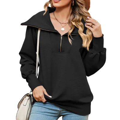 Autumn Winter Women Casual Solid Color Lapel Long Sleeve Pullover Sweatshirt With Zipper