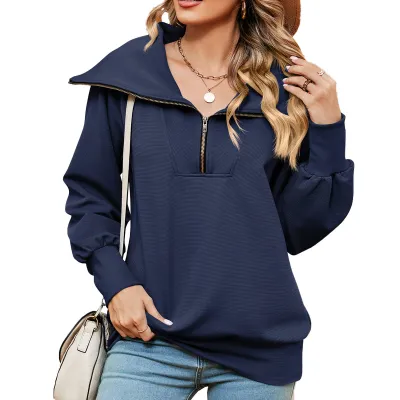 Autumn Winter Women Casual Solid Color Lapel Long Sleeve Pullover Sweatshirt With Zipper