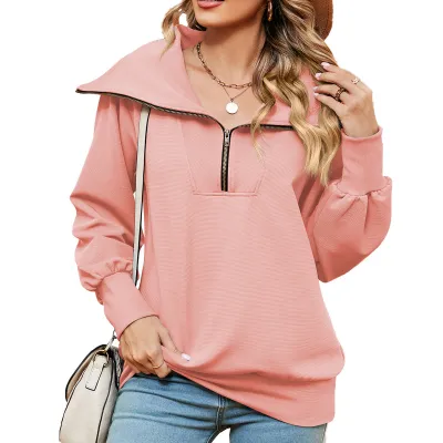 Autumn Winter Women Casual Solid Color Lapel Long Sleeve Pullover Sweatshirt With Zipper