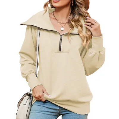Autumn Winter Women Casual Solid Color Lapel Long Sleeve Pullover Sweatshirt With Zipper