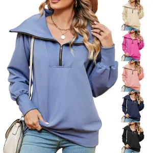 Autumn Winter Women Casual Solid Color Lapel Long Sleeve Pullover Sweatshirt With Zipper