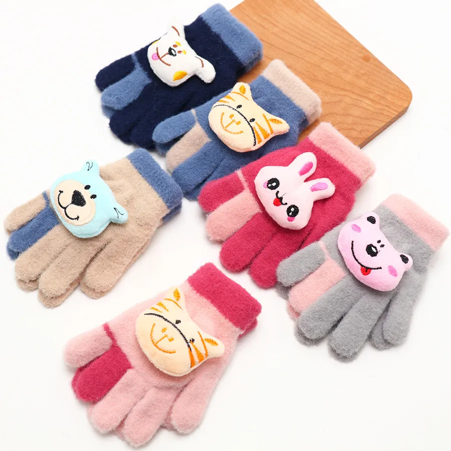 Kids Unisex Fall Winter Casual Cute Cartoon Knitted Fleeces Finger Gloves