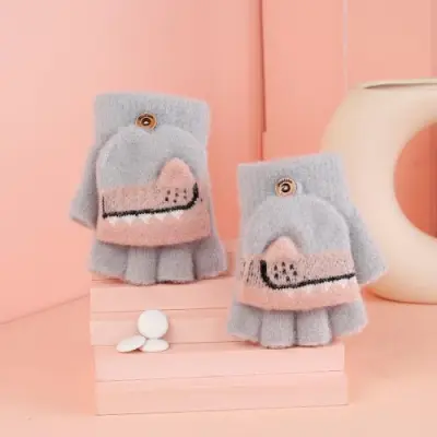 Kids Unisex Fall Winter Casual Cute Cartoon Fleeces Half Finger Clamshell Gloves
