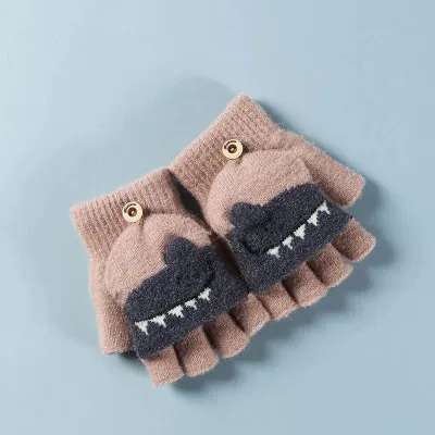 Kids Unisex Fall Winter Casual Cute Cartoon Fleeces Half Finger Clamshell Gloves