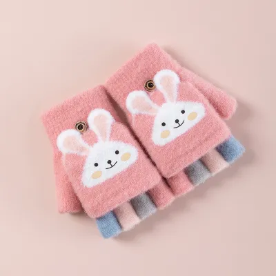 Kids Unisex Fall Winter Casual Cute Cartoon Fleece Half Finger Gloves