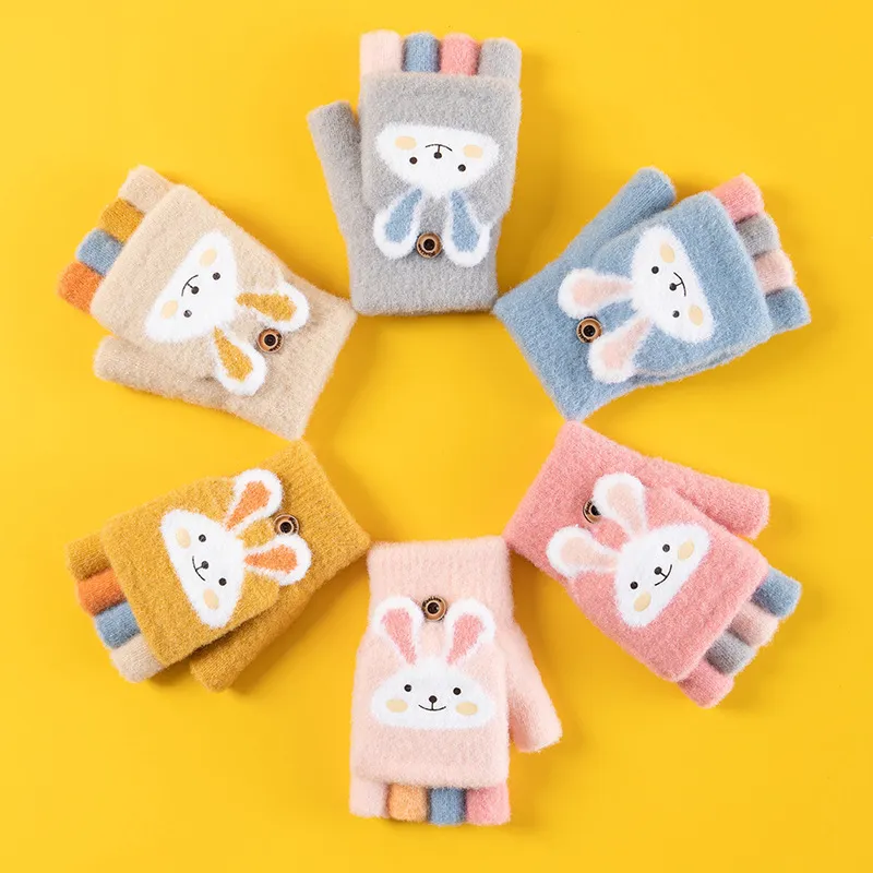 Kids Unisex Fall Winter Casual Cute Cartoon Fleece Half Finger Gloves