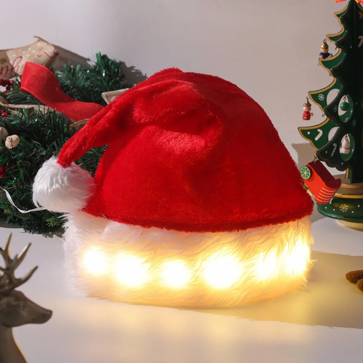 Christmas Decoration Plush Luminous LED Hat with Over Edge Finish