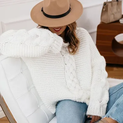 Autumn Winter Women Fashionable Loose Twist Knitted Sweater Bat Sleeve Pullover
