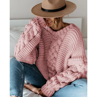 Autumn Winter Women Fashionable Loose Twist Knitted Sweater Bat Sleeve Pullover