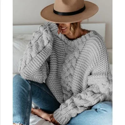 Autumn Winter Women Fashionable Loose Twist Knitted Sweater Bat Sleeve Pullover
