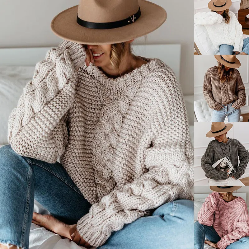 Autumn Winter Women Fashionable Loose Twist Knitted Sweater Bat Sleeve Pullover