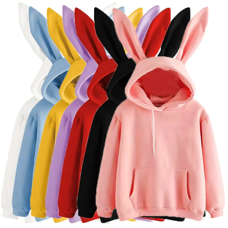 Autumn Winter Women Casual Solid Color Long Sleeve Rabbit Ears Pullover Hoodies