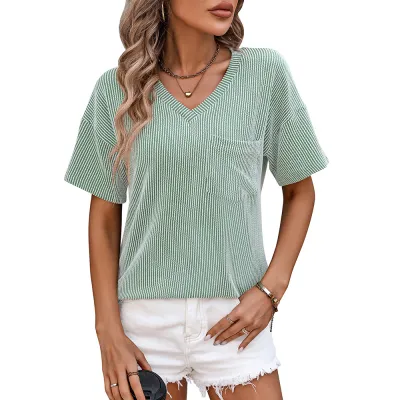 Summer Women Casual V-Neck Wave Stripe Short-Sleeved T-Shirt