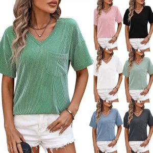 Summer Women Casual V-Neck Wave Stripe Short-Sleeved T-Shirt
