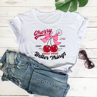 Summer Women Casual Letter Bow Cherry Print Crewneck Short-Sleeved T-Shirt
