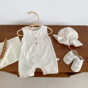 Kids Baby Boys Casual Cute Stripe Print Sleeveless Cotton Romper with Hidden Button