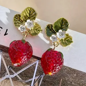Women Fashion Sweet Red Strawberry Alloy Earrings