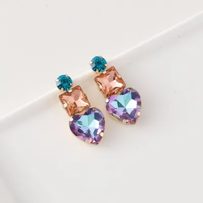 Women Fashion Simple Geometric Heart-Shaped Alloy Rhinestone Earrings