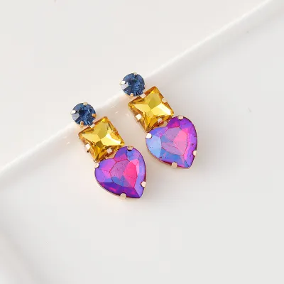Women Fashion Simple Geometric Heart-Shaped Alloy Rhinestone Earrings