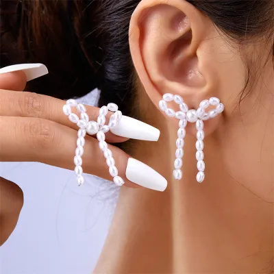 Women Simple Fashion Imitation Pearl Bow Earrings