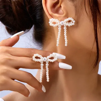Women Simple Fashion Imitation Pearl Bow Earrings