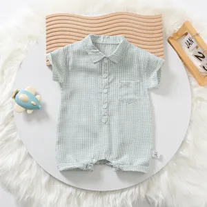 Kids Baby Boys Casual Cute Playid Print Short Sleeve Lapel Romper
