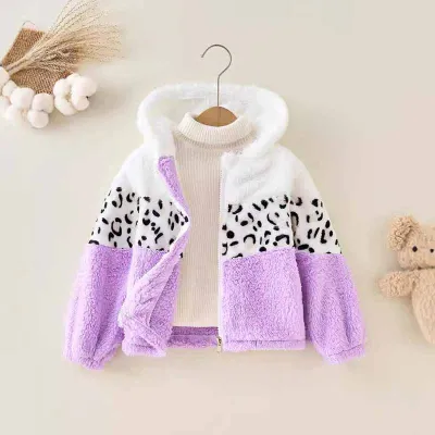 Kids Toddler Girls Autumn Winter Casual Cute Color Matching Leopard Plush Long Sleeve Hooded Coat